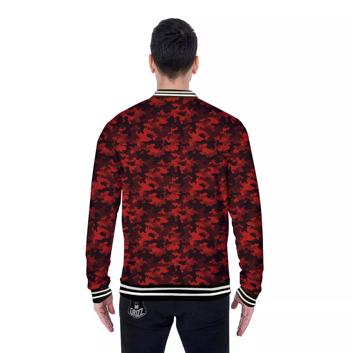 Digital Camo Black And Red Print Pattern Baseball Jacket-grizzshop