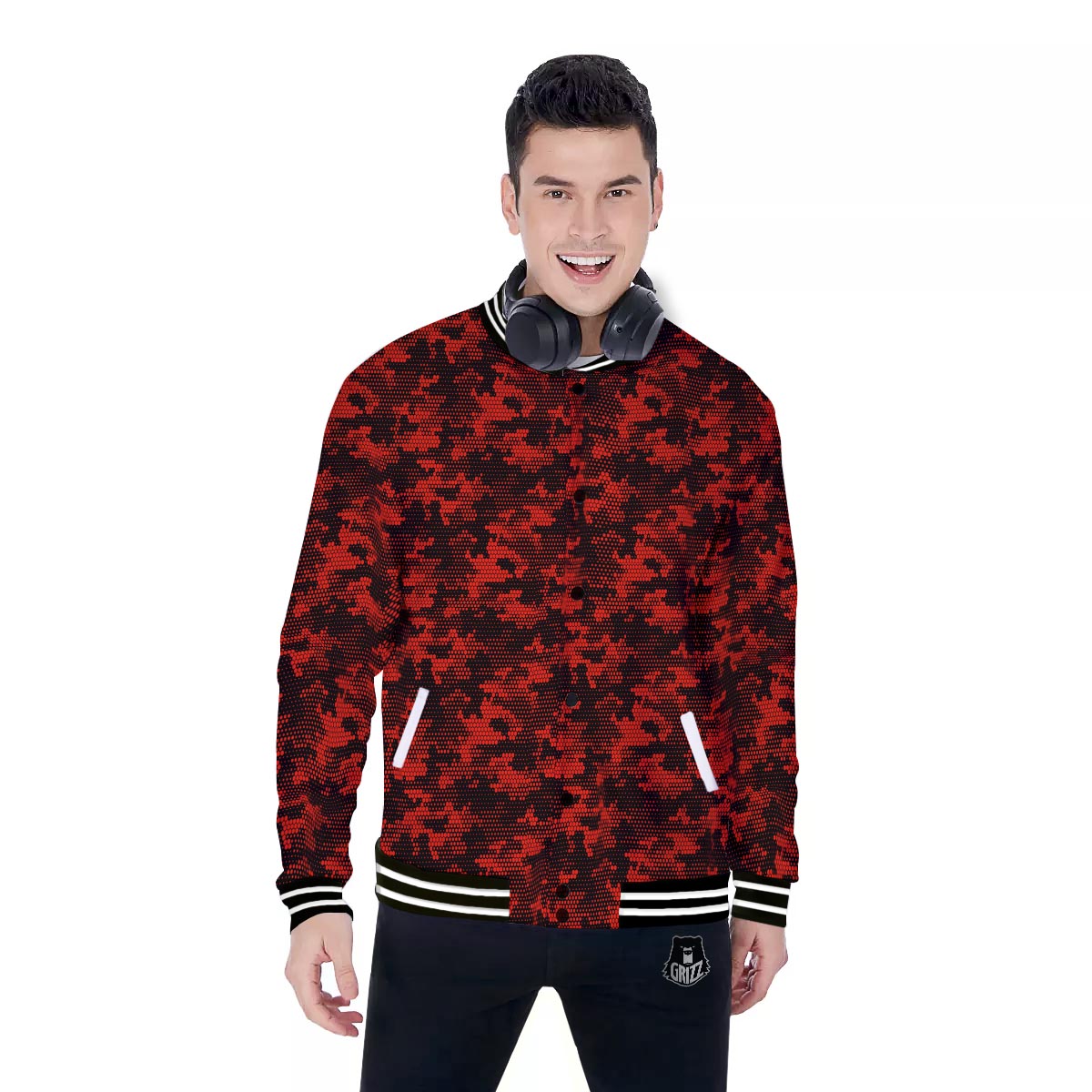 Digital Camo Black And Red Print Pattern Baseball Jacket-grizzshop