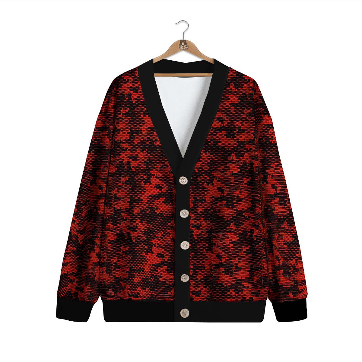 Digital Camo Black And Red Print Pattern Cardigan-grizzshop