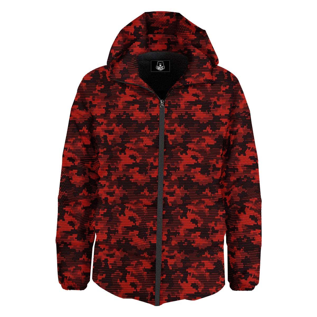 Digital Camo Black And Red Print Pattern Down Jacket-grizzshop