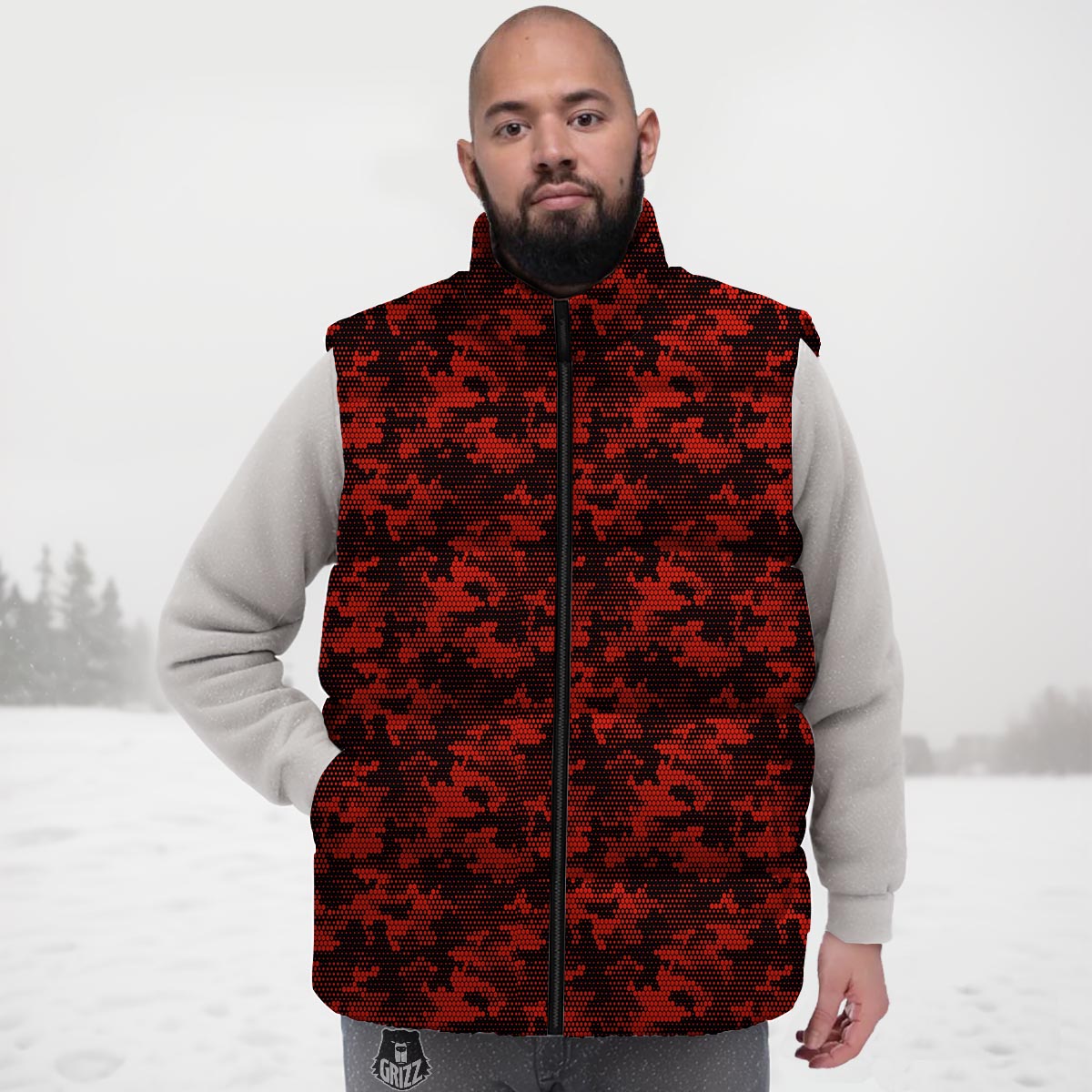 Digital Camo Black And Red Print Pattern Down Vest