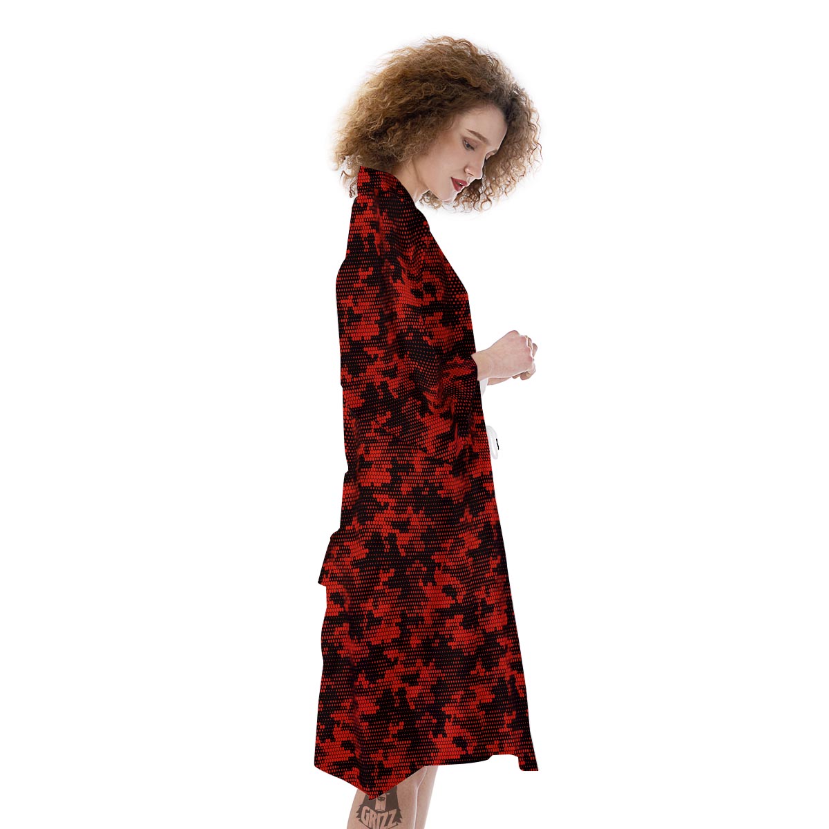 Digital Camo Black And Red Print Pattern Kimono-grizzshop