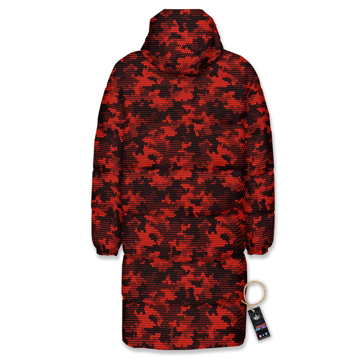 Digital Camo Black And Red Print Pattern Long Down Jacket-grizzshop