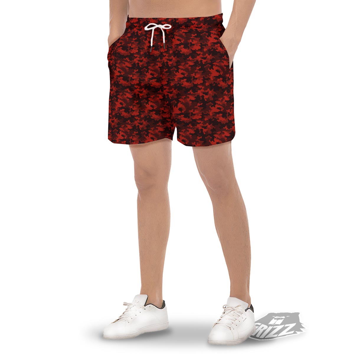 Digital Camo Black And Red Print Pattern Men's Gym Shorts-grizzshop
