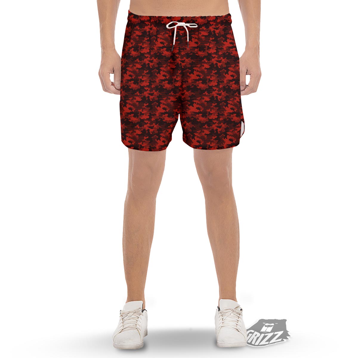 Digital Camo Black And Red Print Pattern Men's Gym Shorts-grizzshop