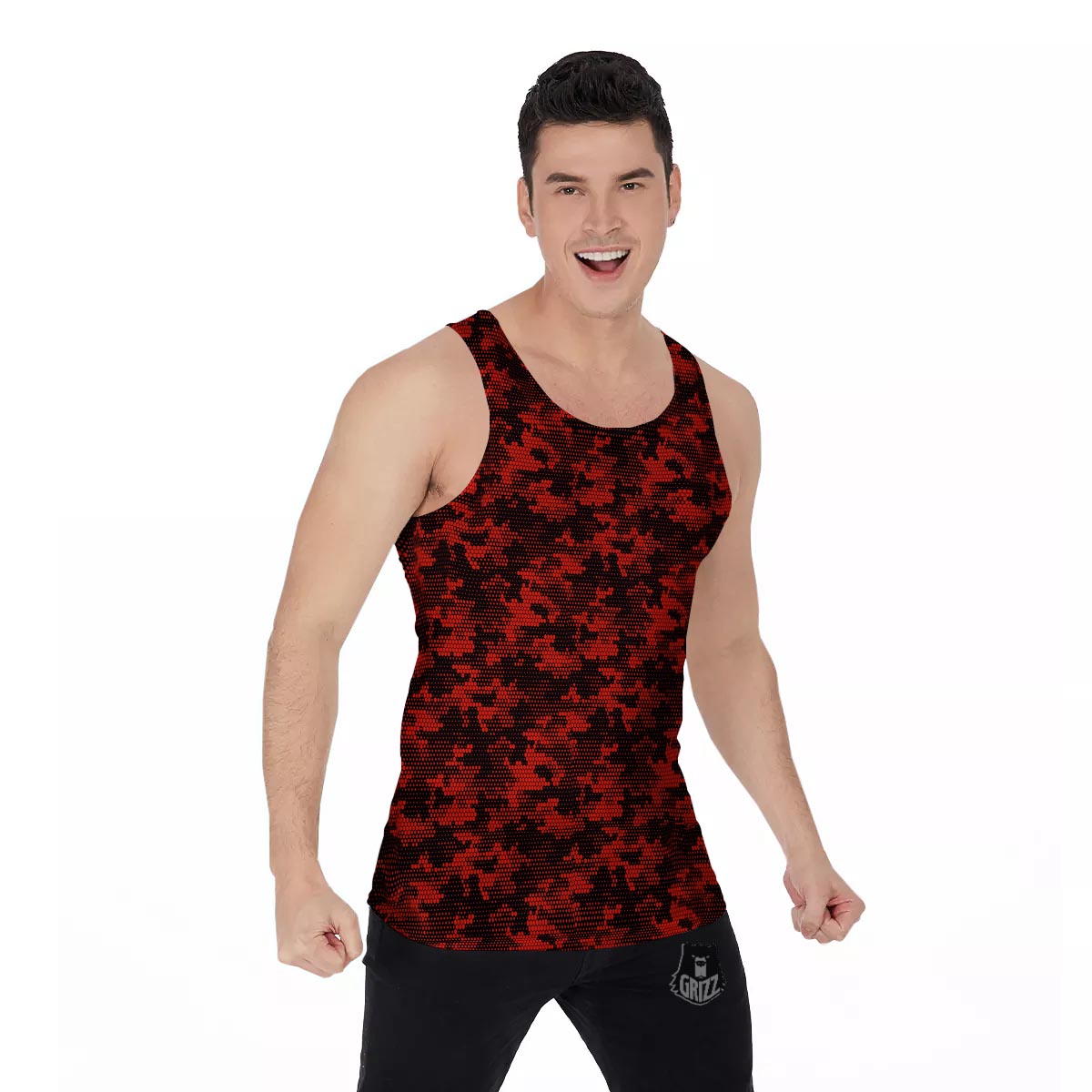 Digital Camo Black And Red Print Pattern Men's Tank Top-grizzshop