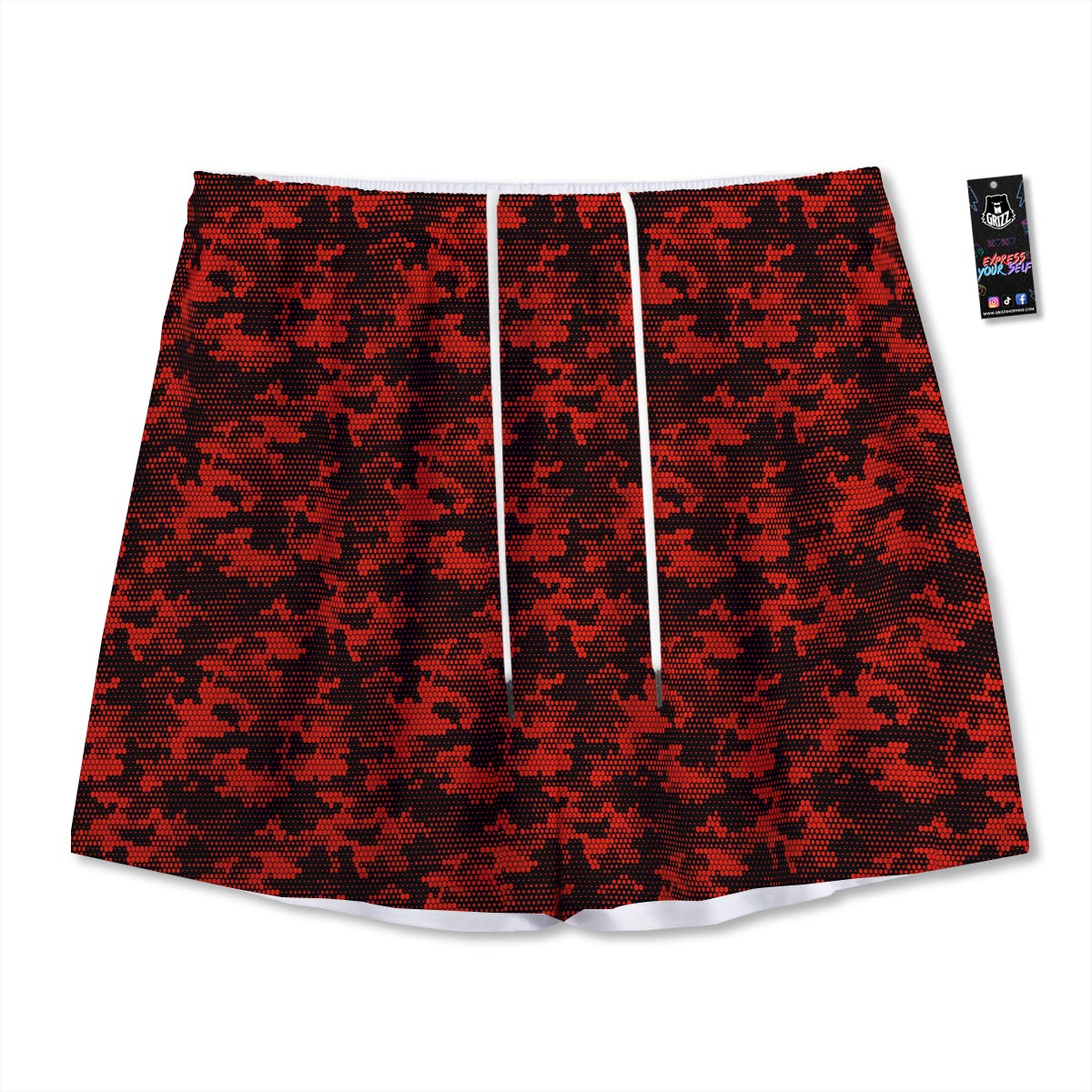 Digital Camo Black And Red Print Pattern Mesh Shorts