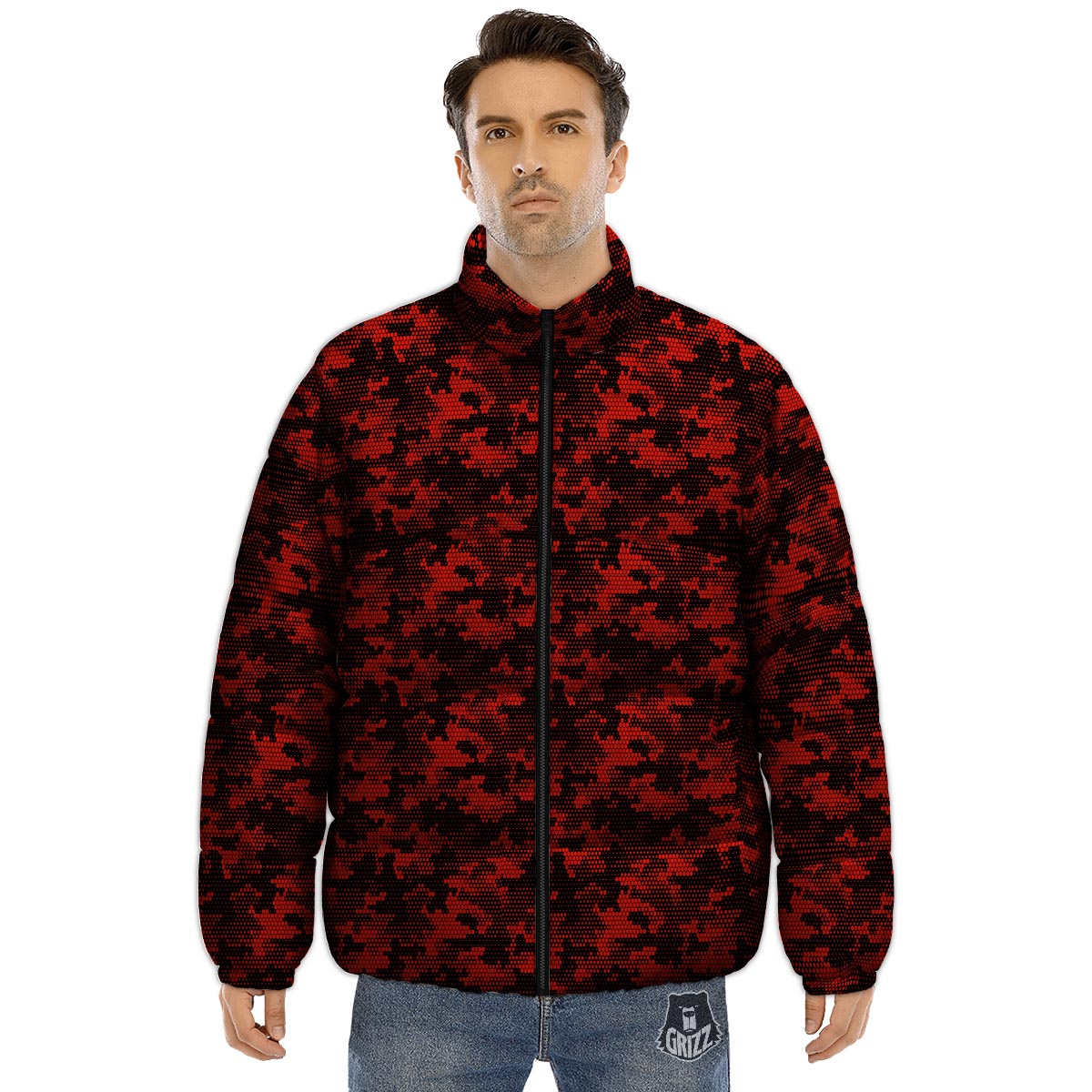Digital Camo Black And Red Print Pattern Puffer Jacket-grizzshop