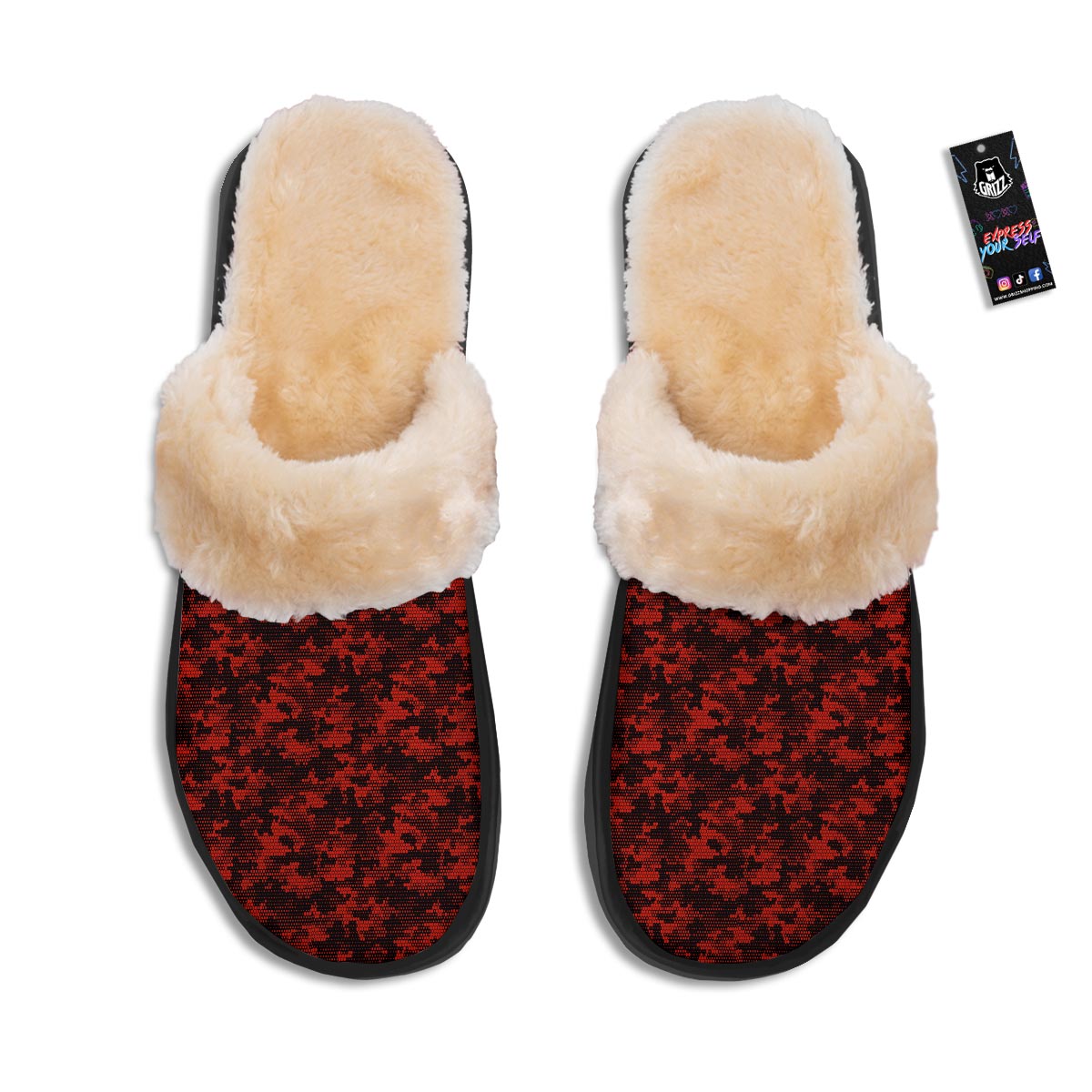 Digital Camo Black And Red Print Pattern Slippers-grizzshop