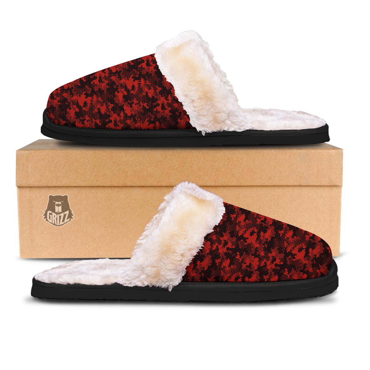 Digital Camo Black And Red Print Pattern Slippers-grizzshop