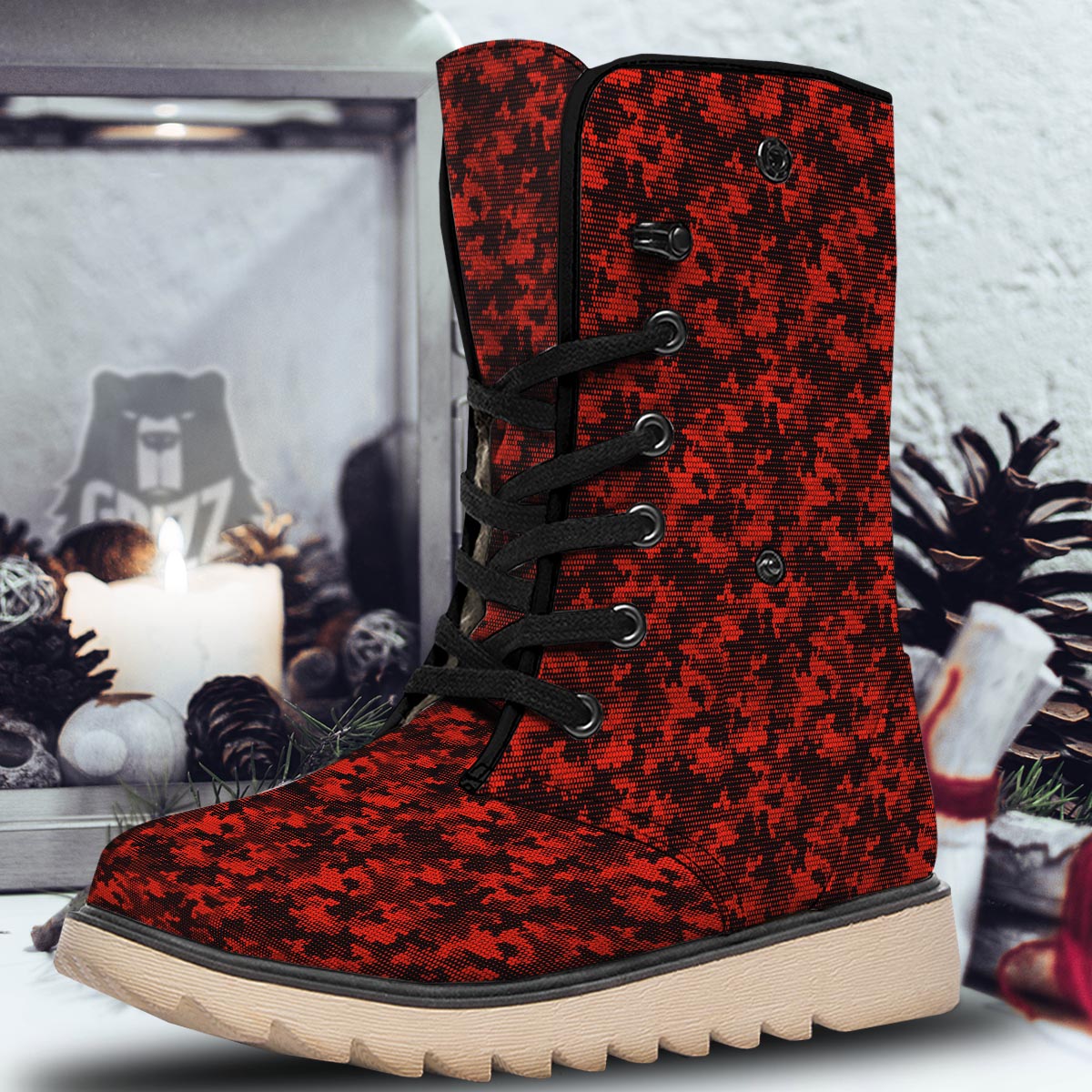 Digital Camo Black And Red Print Pattern Snow Boots-grizzshop