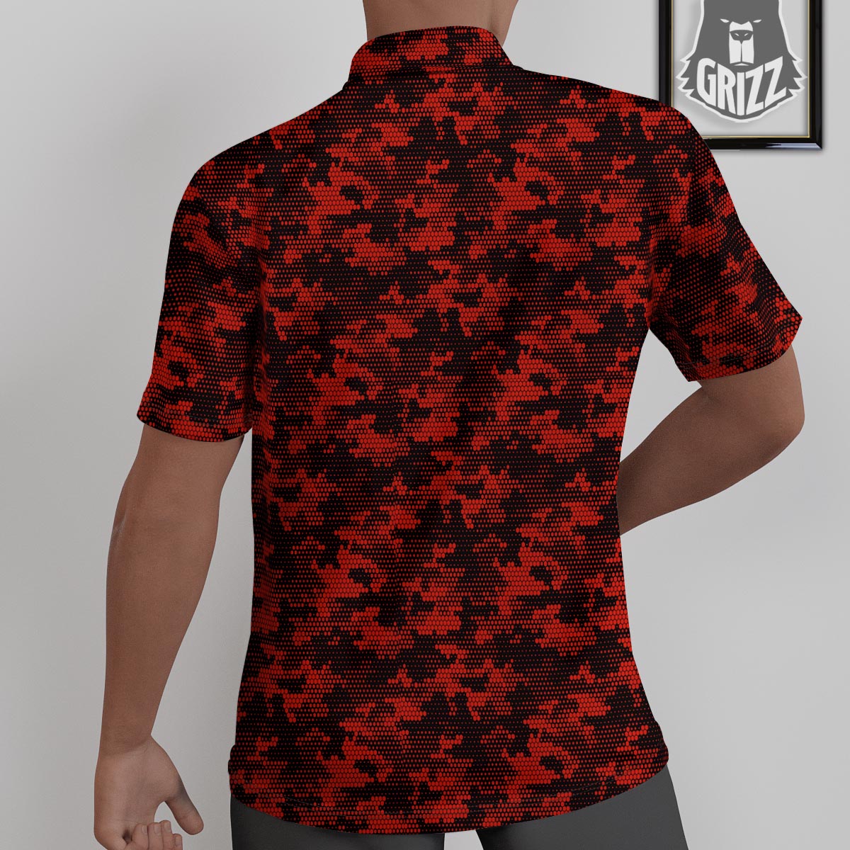 Digital Camo Black And Red Print Pattern Untucked Shirts-grizzshop