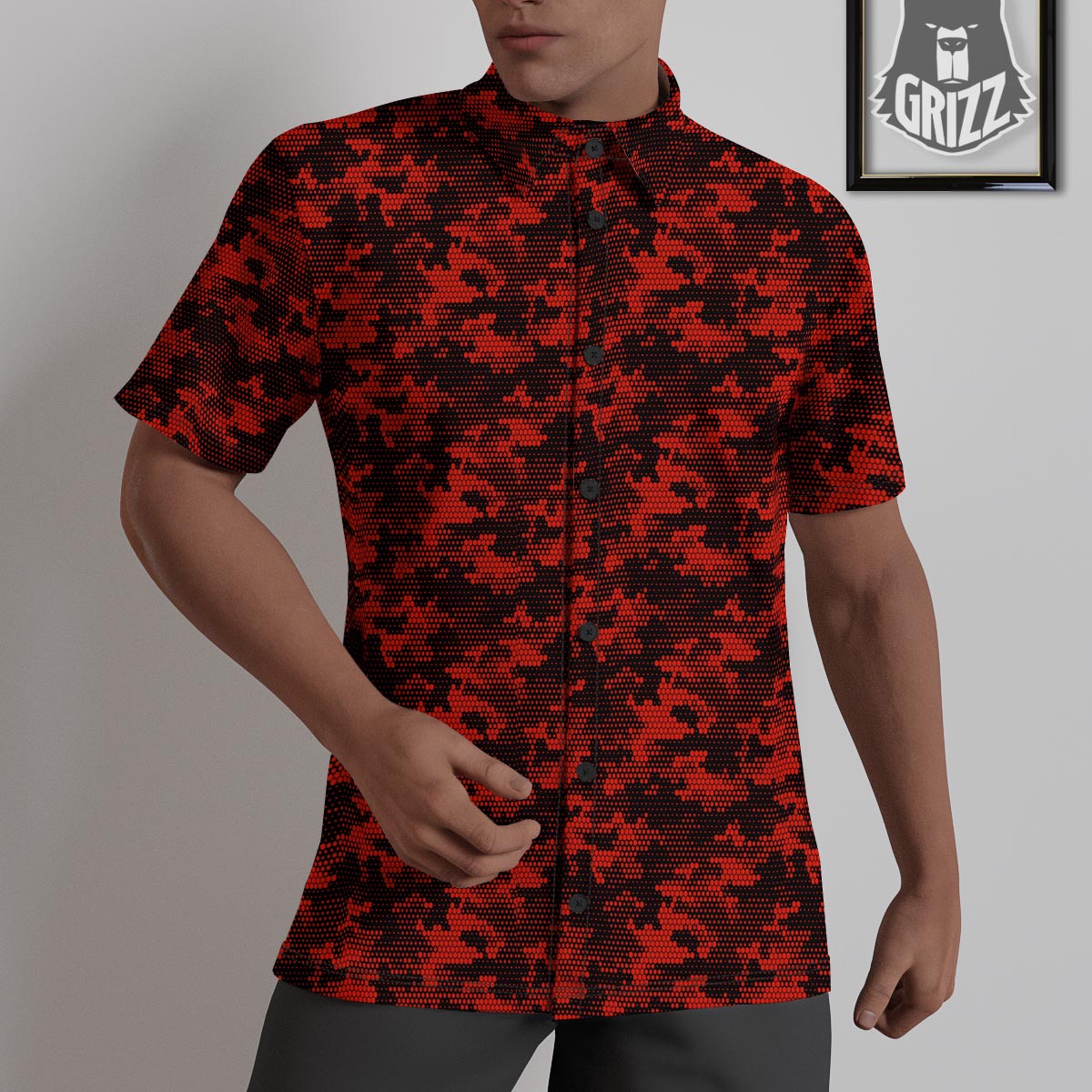 Digital Camo Black And Red Print Pattern Untucked Shirts-grizzshop