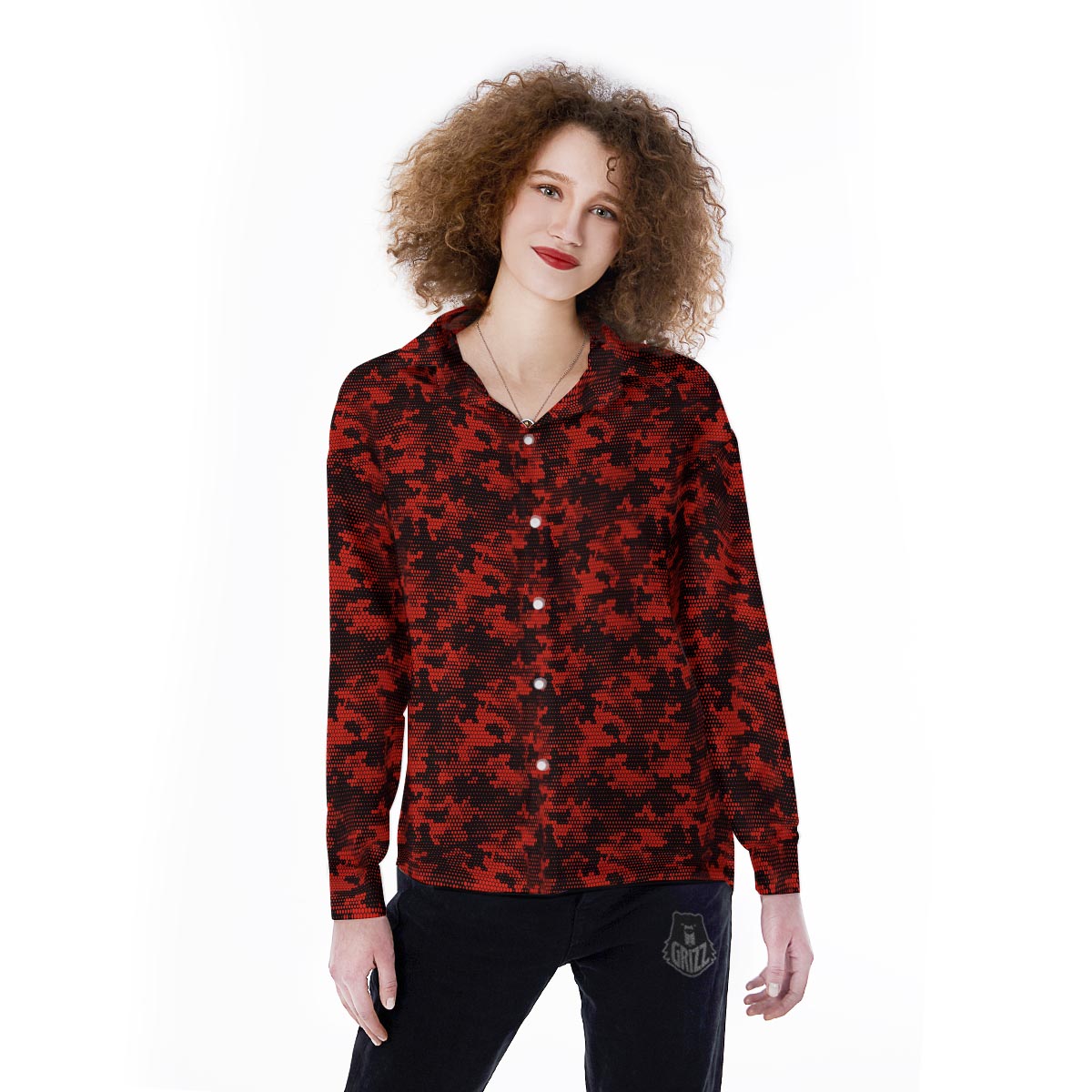 Digital Camo Black And Red Print Pattern Women's Long Sleeve Shirts-grizzshop