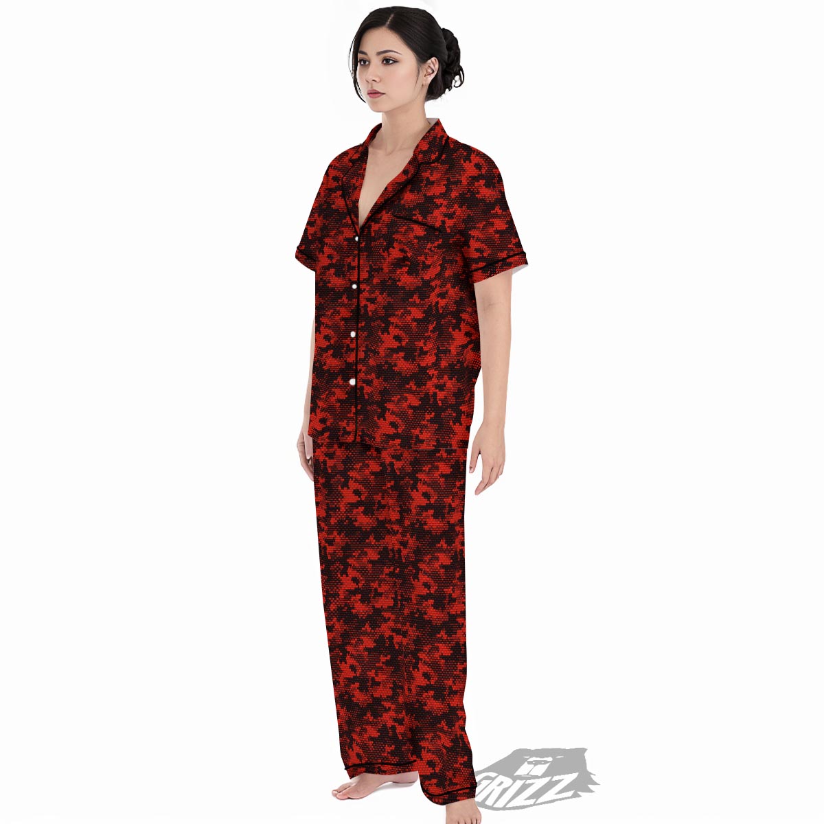 Digital Camo Black And Red Print Pattern Women's Pajamas Set-grizzshop