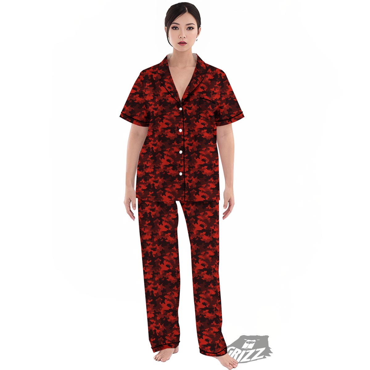 Digital Camo Black And Red Print Pattern Women's Pajamas Set-grizzshop