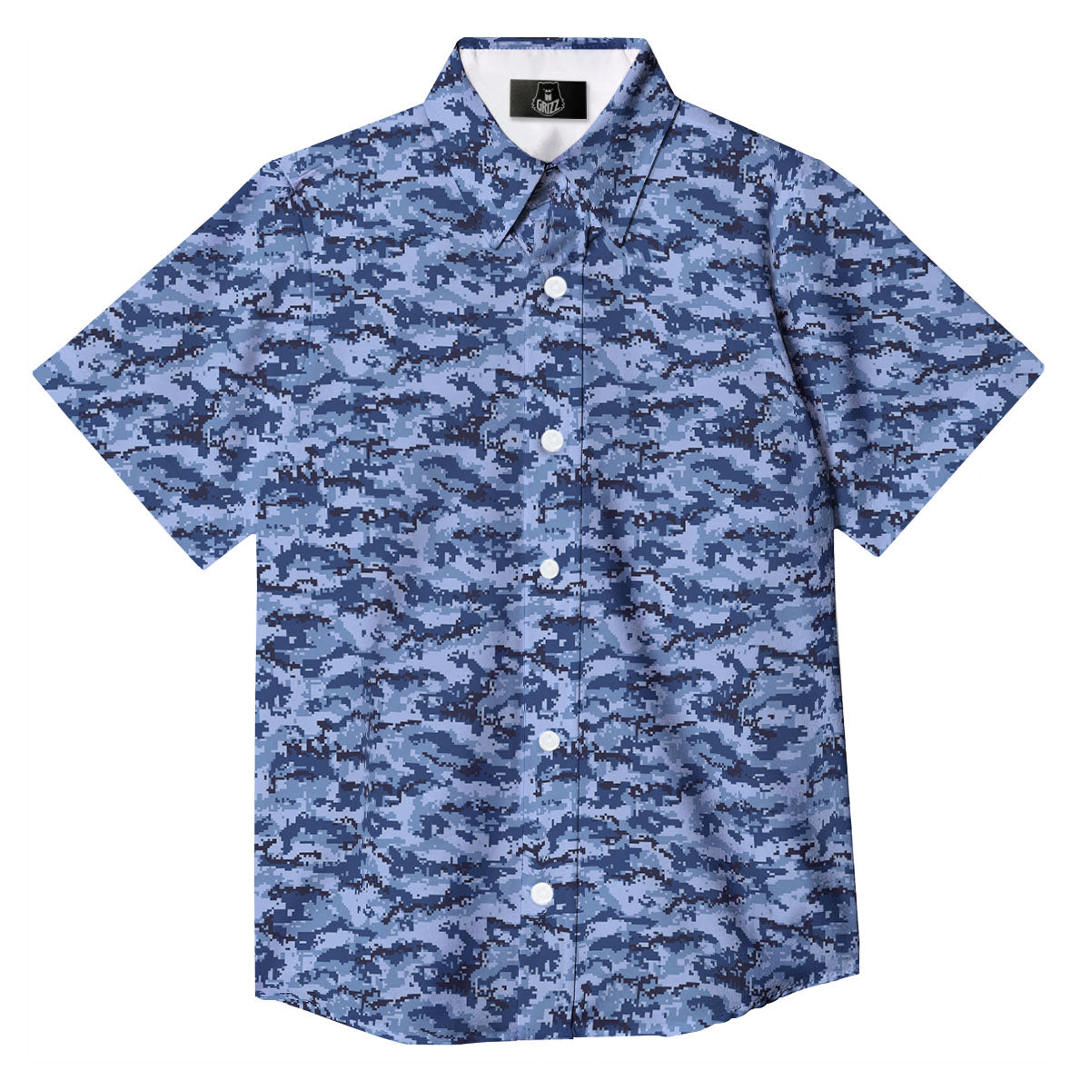 Digital Camo Blue Print Pattern Button Up Shirt-grizzshop