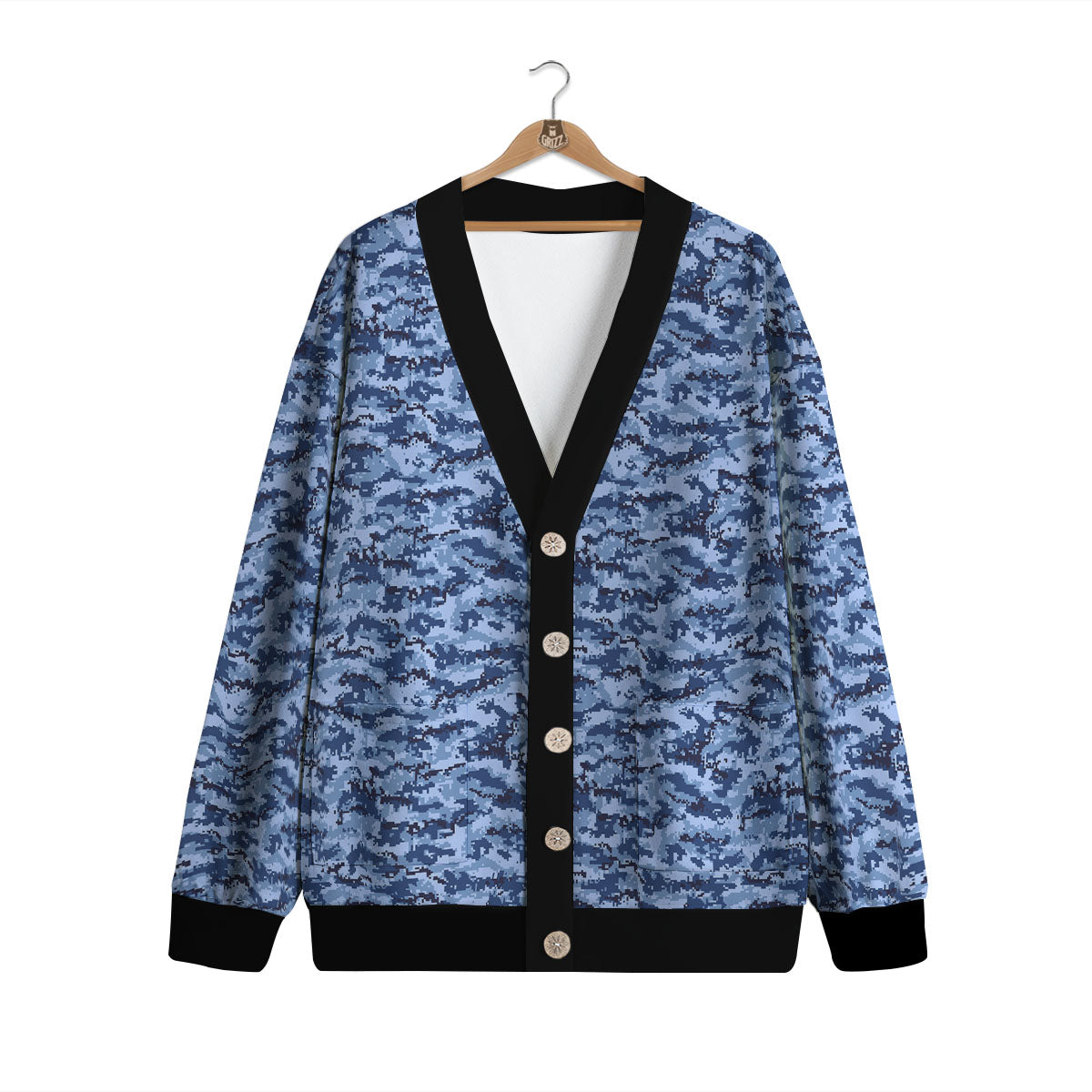 Digital Camo Blue Print Pattern Cardigan-grizzshop