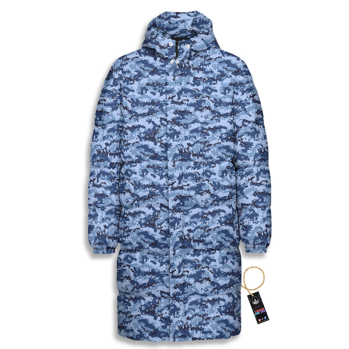 Digital Camo Blue Print Pattern Long Down Jacket-grizzshop
