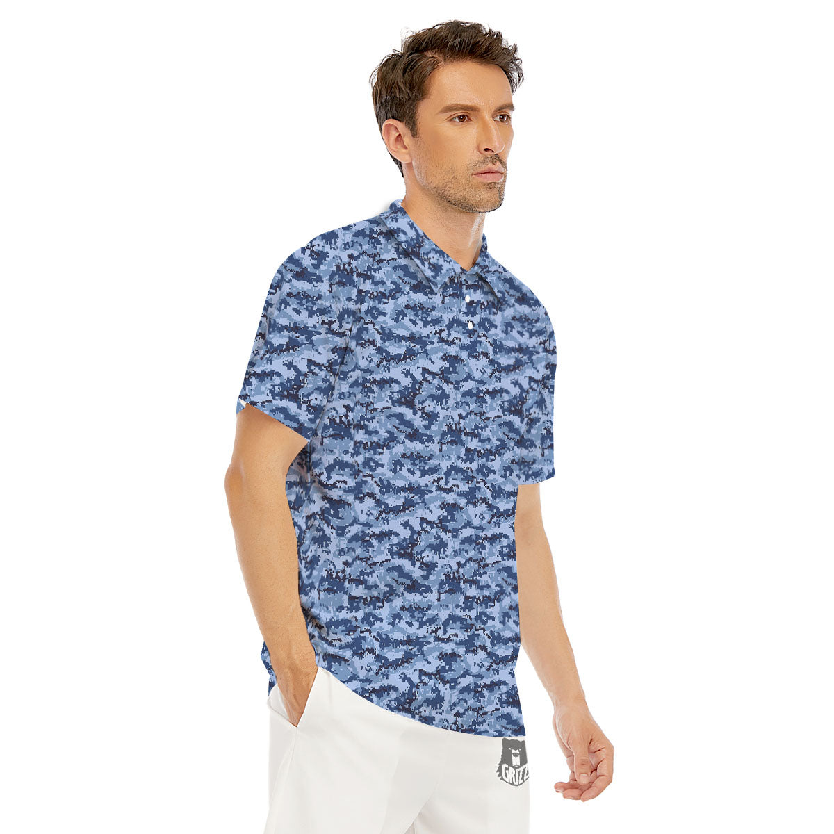 Digital Camo Blue Print Pattern Men's Golf Shirts-grizzshop