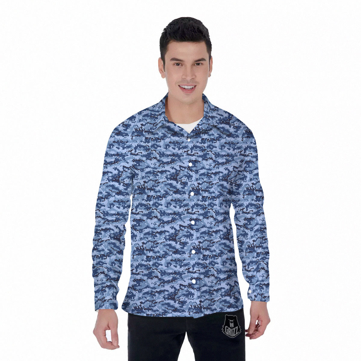 Digital Camo Blue Print Pattern Men's Long Sleeve Shirts-grizzshop