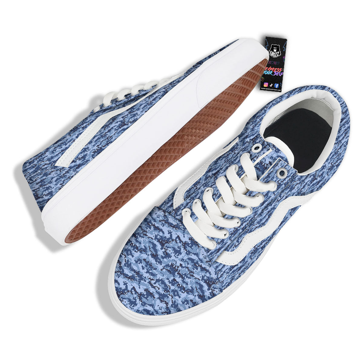 Digital Camo Blue Print Pattern Skate Shoes-grizzshop