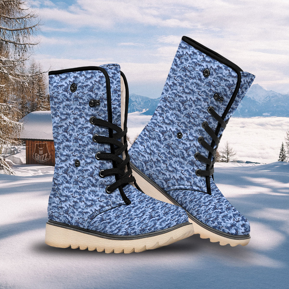 Digital Camo Blue Print Pattern Snow Boots-grizzshop
