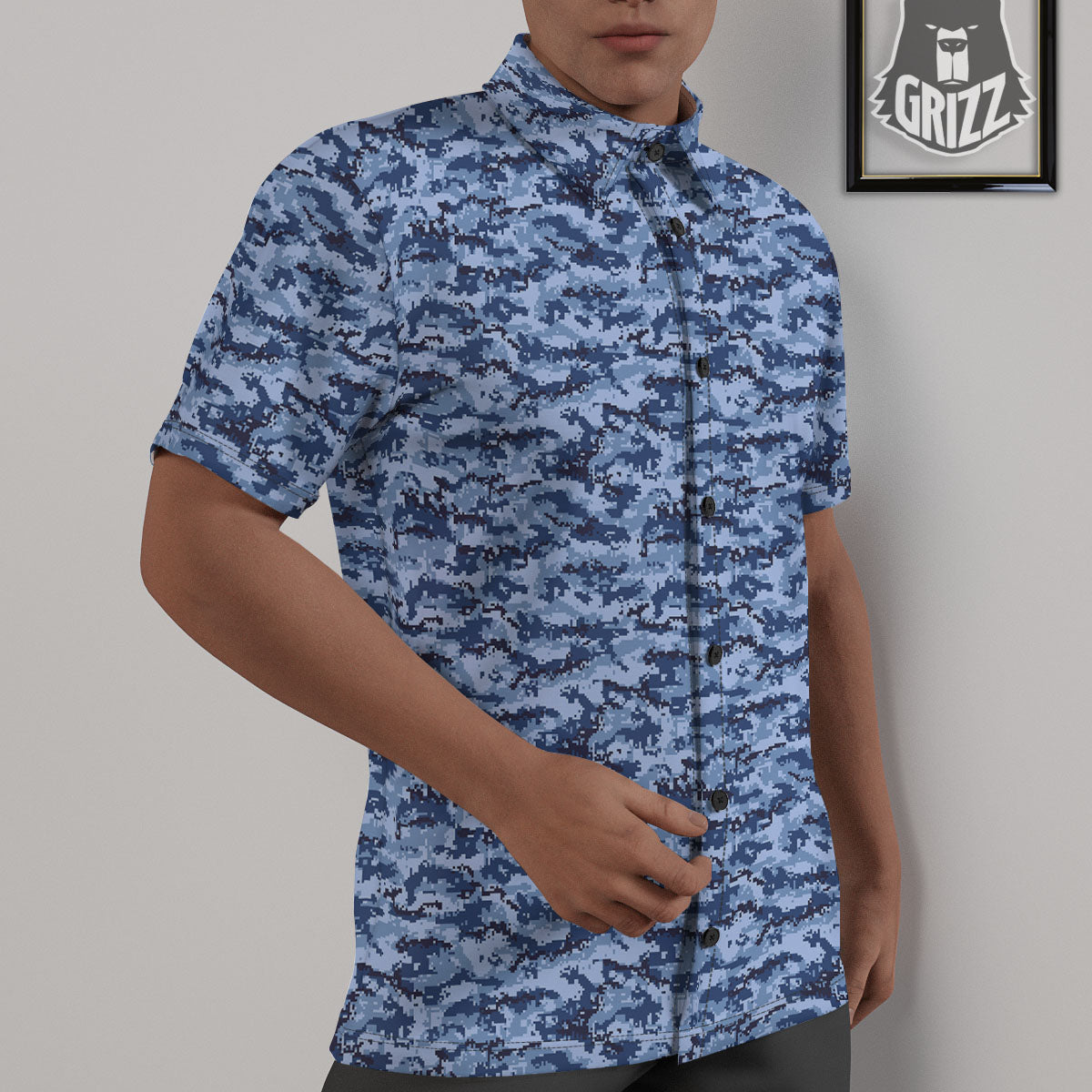 Digital Camo Blue Print Pattern Untucked Shirts-grizzshop