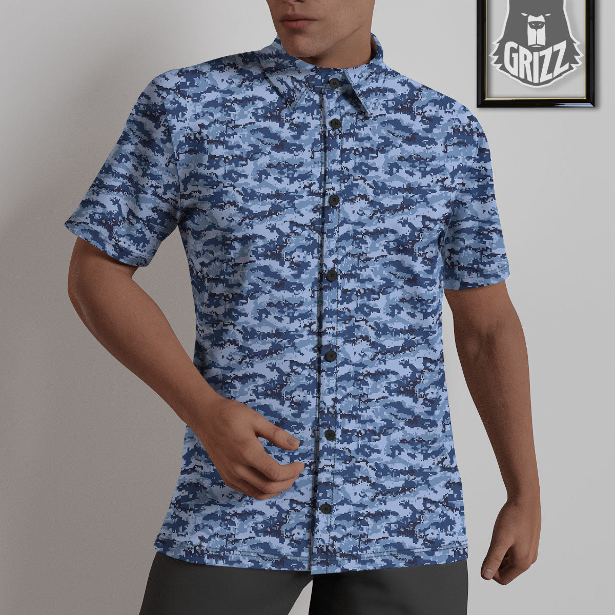 Digital Camo Blue Print Pattern Untucked Shirts-grizzshop