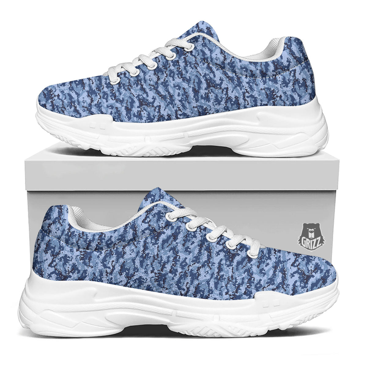 Digital Camo Blue Print Pattern White Chunky Shoes-grizzshop