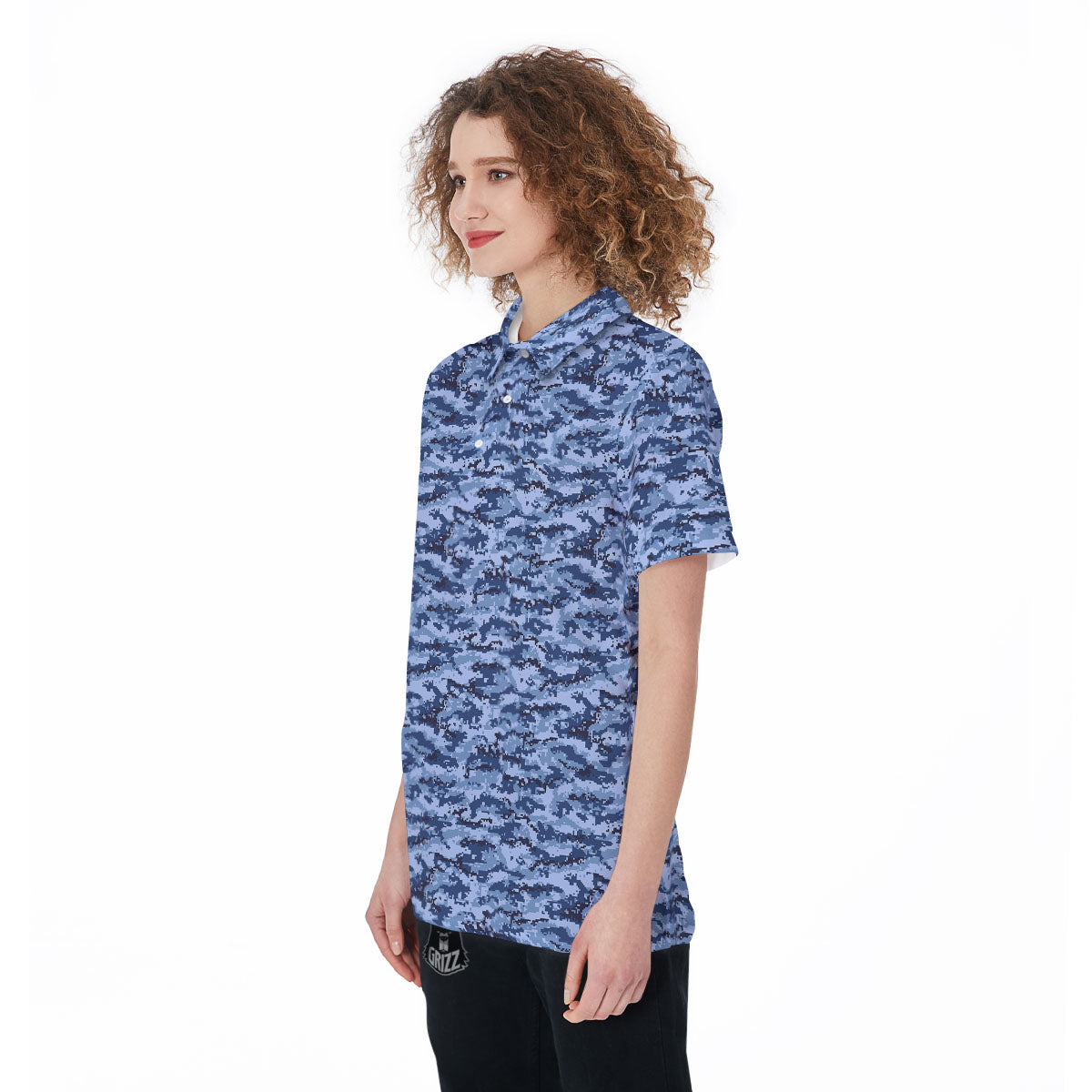 Digital Camo Blue Print Pattern Women's Golf Shirts-grizzshop