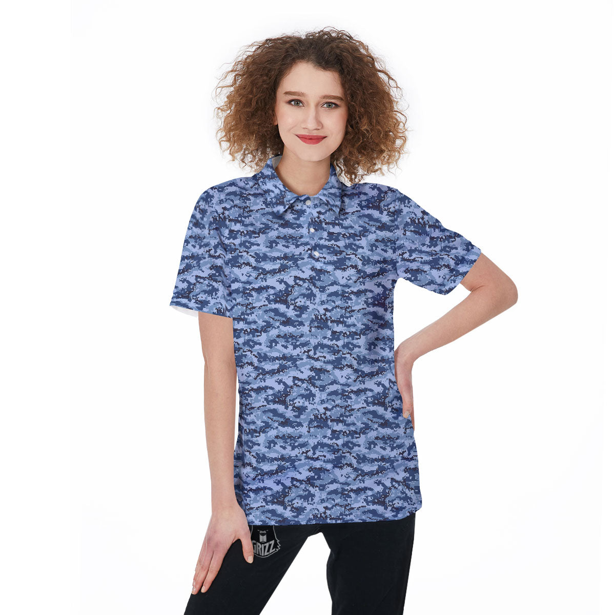 Digital Camo Blue Print Pattern Women's Golf Shirts-grizzshop