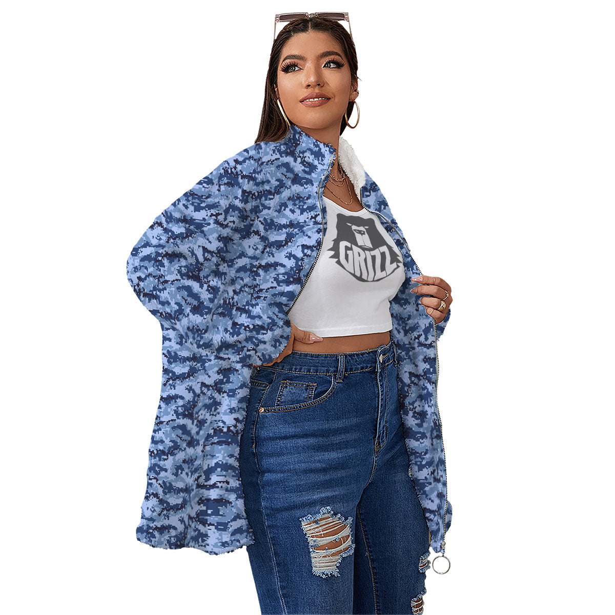 Digital Camo Blue Print Pattern Women's Sherpa Jacket-grizzshop
