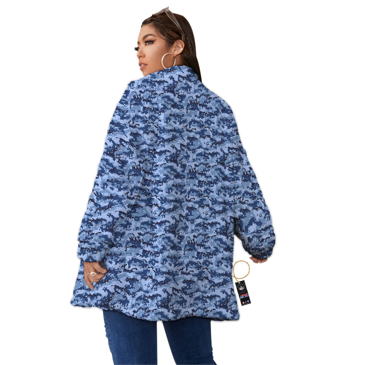 Digital Camo Blue Print Pattern Women's Sherpa Jacket-grizzshop