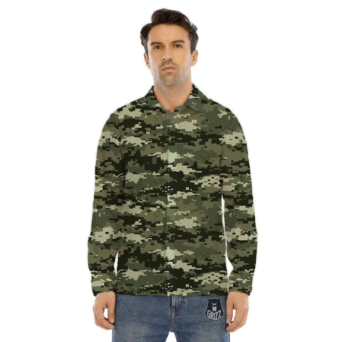 Digital Camo Desert Print Pattern Men's Dress Shirts-grizzshop