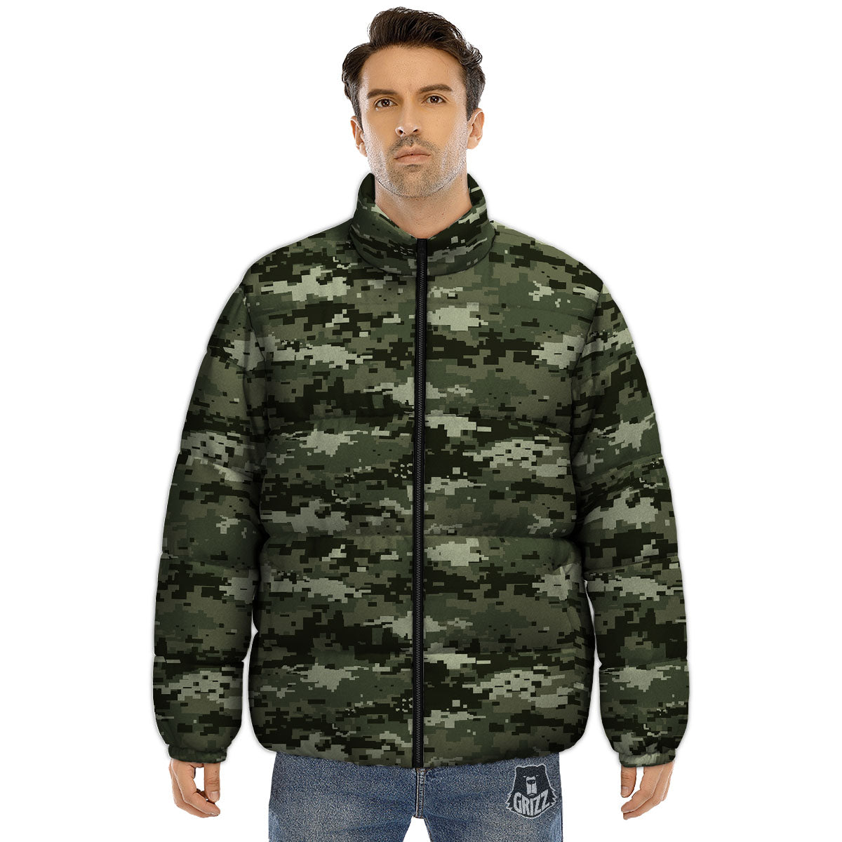 Digital Camo Desert Print Pattern Puffer Jacket-grizzshop