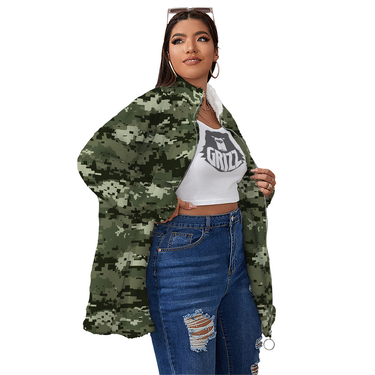 Digital Camo Desert Print Pattern Women's Sherpa Jacket-grizzshop