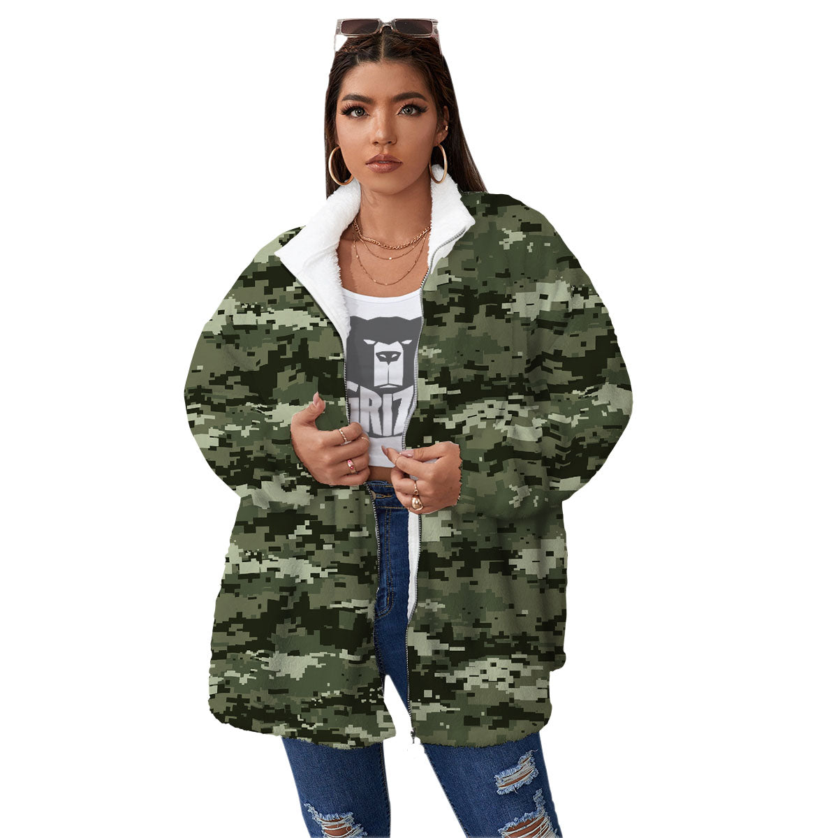 Digital Camo Desert Print Pattern Women's Sherpa Jacket-grizzshop