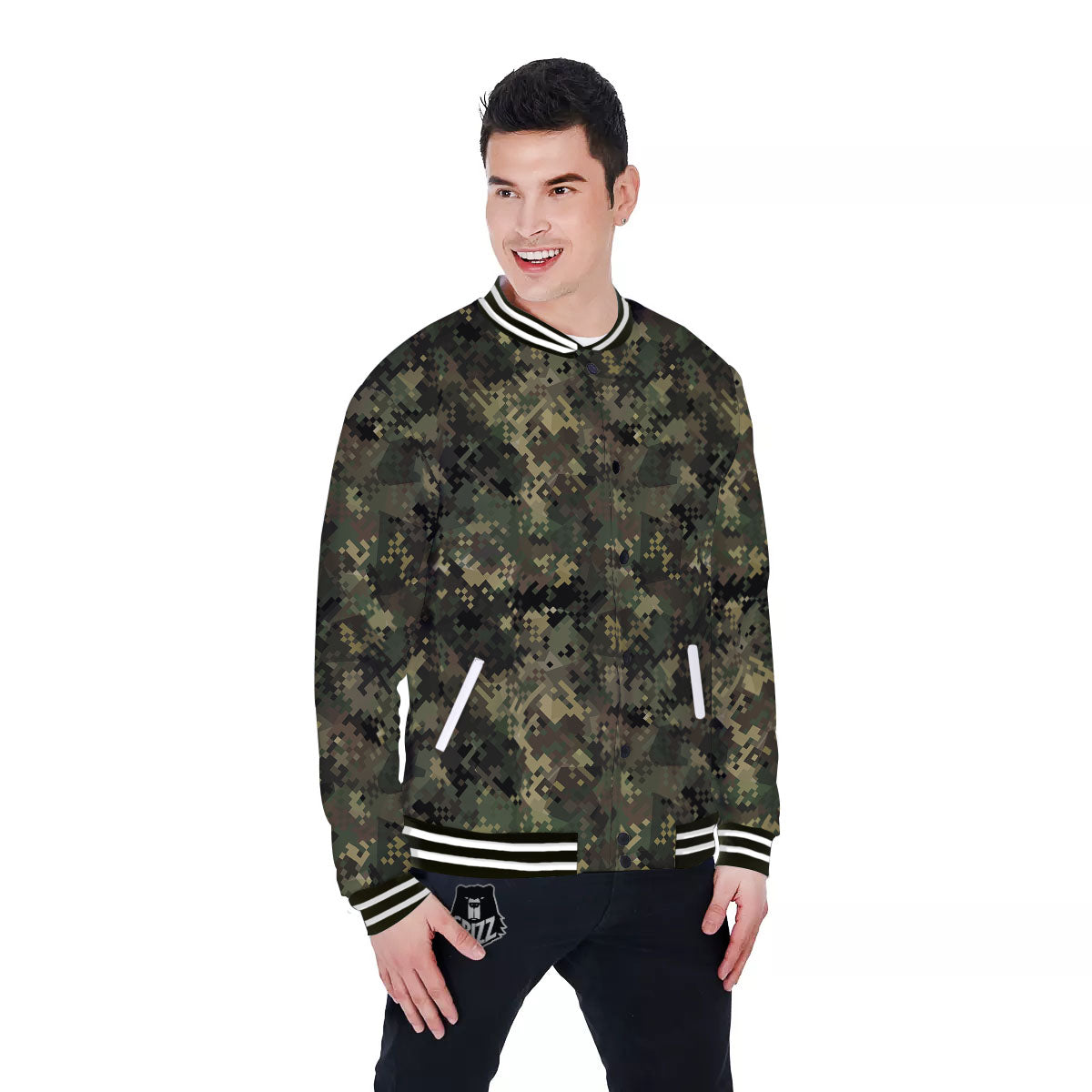 Digital Camo Forest Green Print Pattern Baseball Jacket-grizzshop