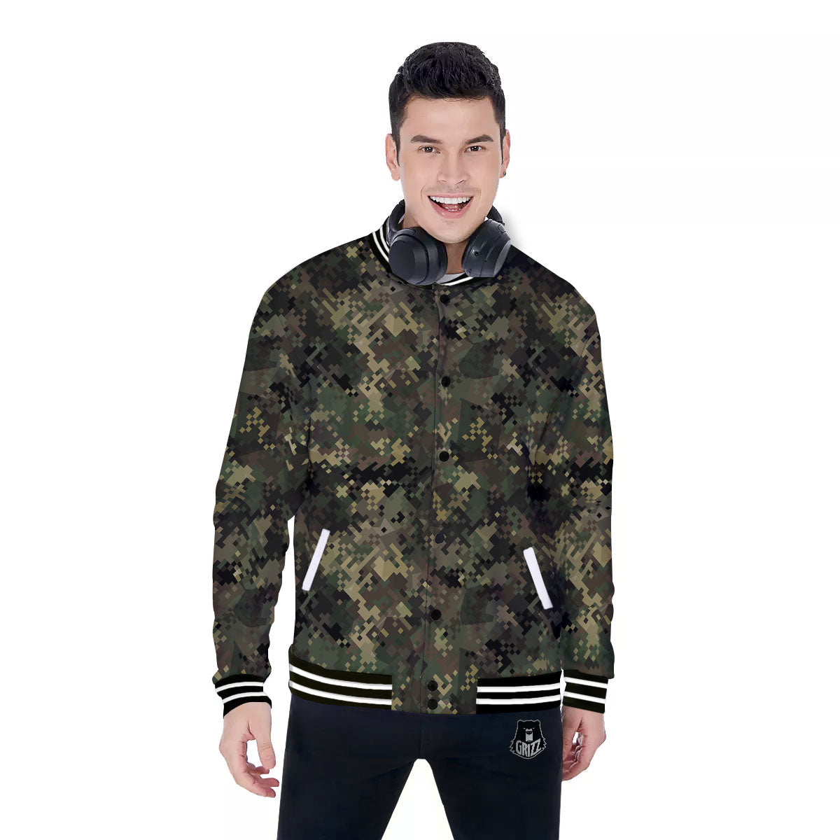 Digital Camo Forest Green Print Pattern Baseball Jacket-grizzshop