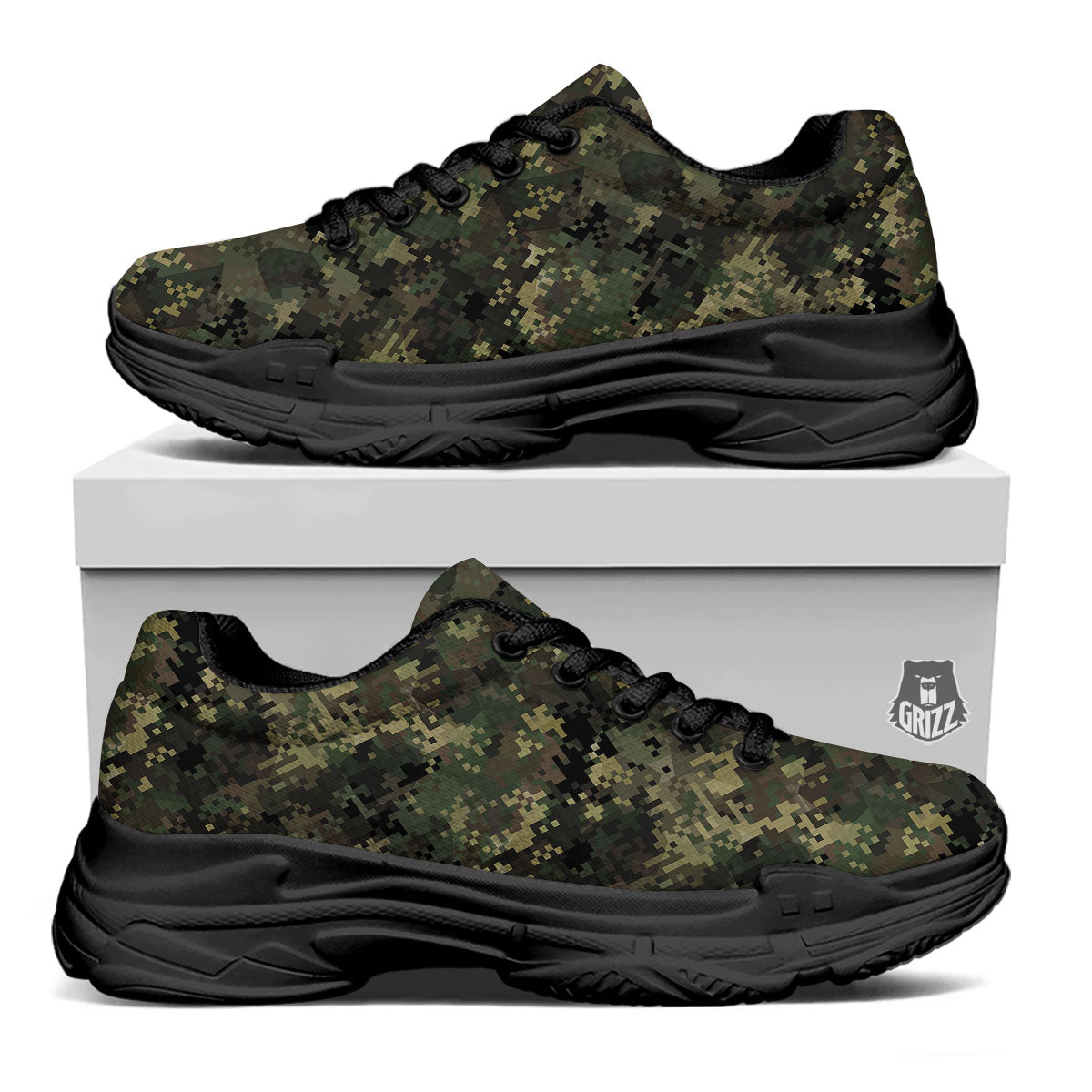 Digital Camo Forest Green Print Pattern Black Chunky Shoes-grizzshop