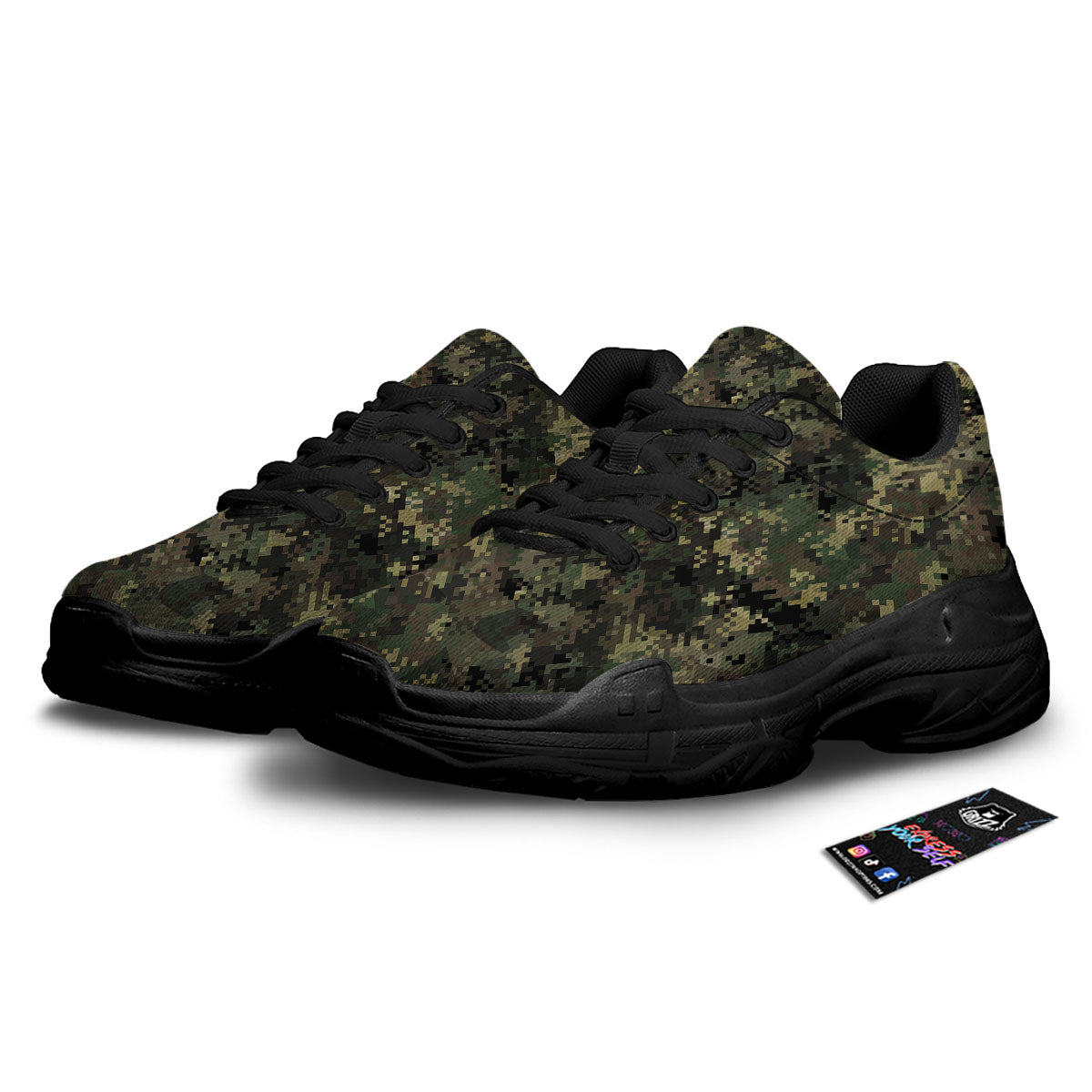 Digital Camo Forest Green Print Pattern Black Chunky Shoes-grizzshop