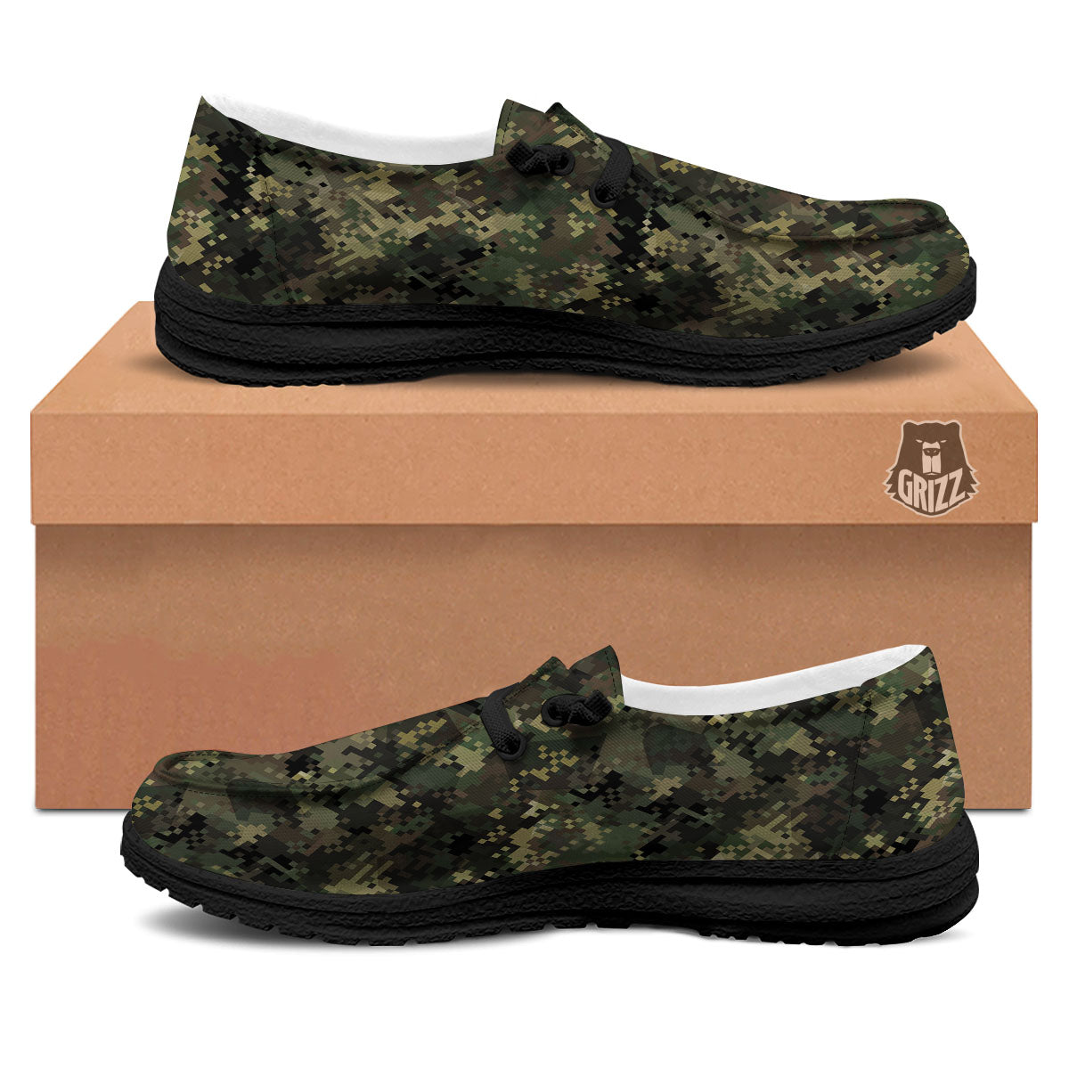 Digital Camo Forest Green Print Pattern Black Loafers-grizzshop