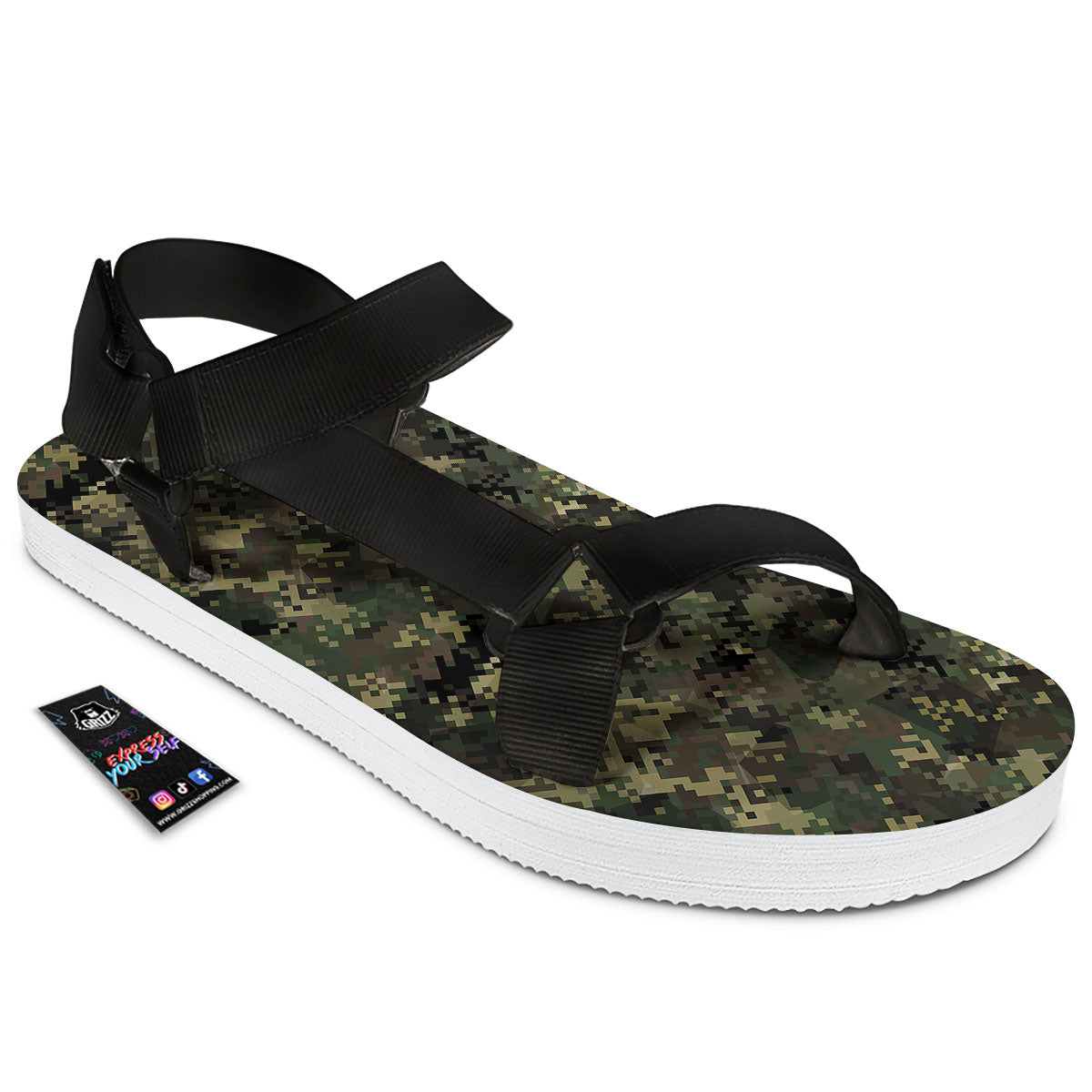 Digital Camo Forest Green Print Pattern Black Open Toe Sandals-grizzshop