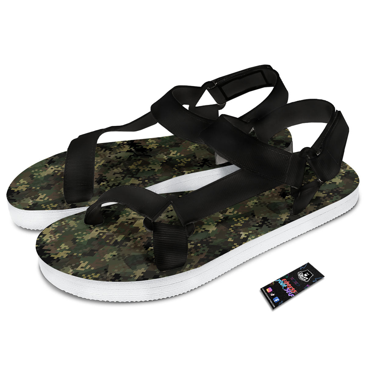 Digital Camo Forest Green Print Pattern Black Open Toe Sandals-grizzshop