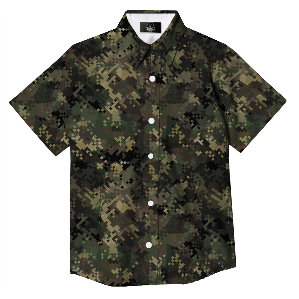 Digital Camo Forest Green Print Pattern Button Up Shirt-grizzshop