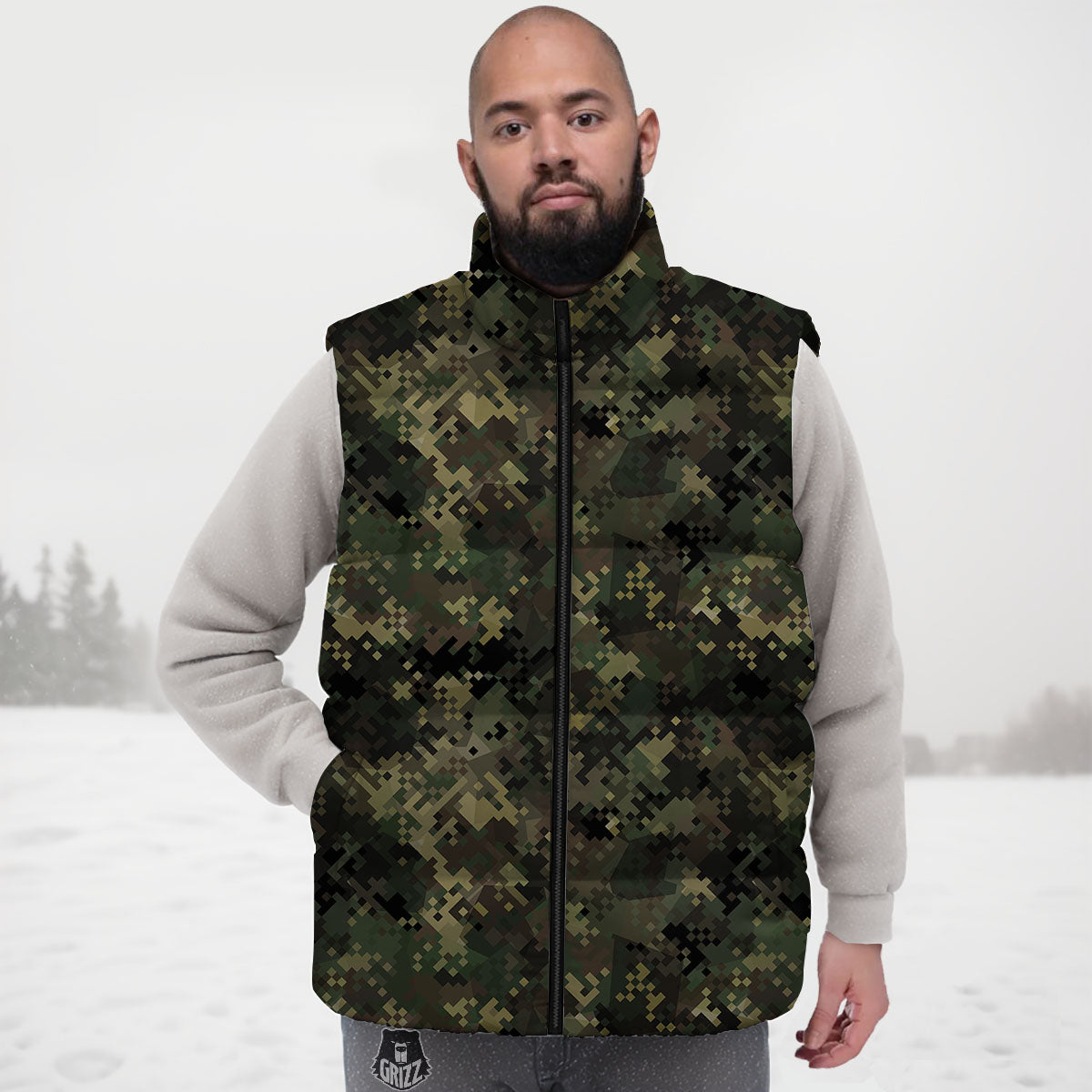 Digital Camo Forest Green Print Pattern Down Vest