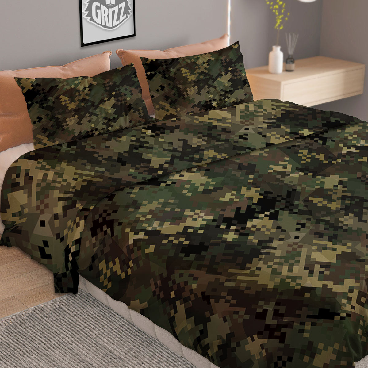 Digital Camo Forest Green Print Pattern Duvet Cover Bedding Set