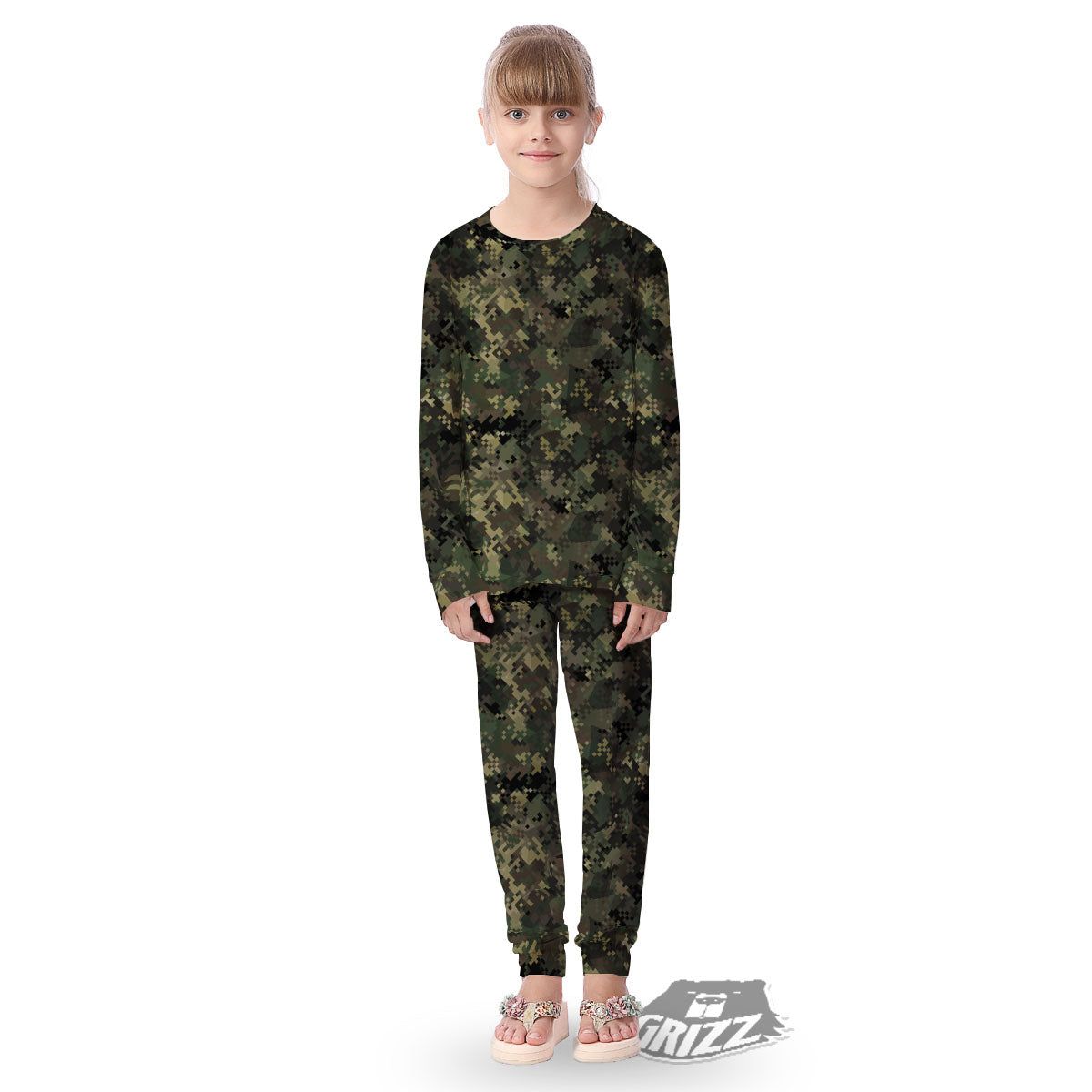 Digital Camo Forest Green Print Pattern Kid's Pajamas-grizzshop