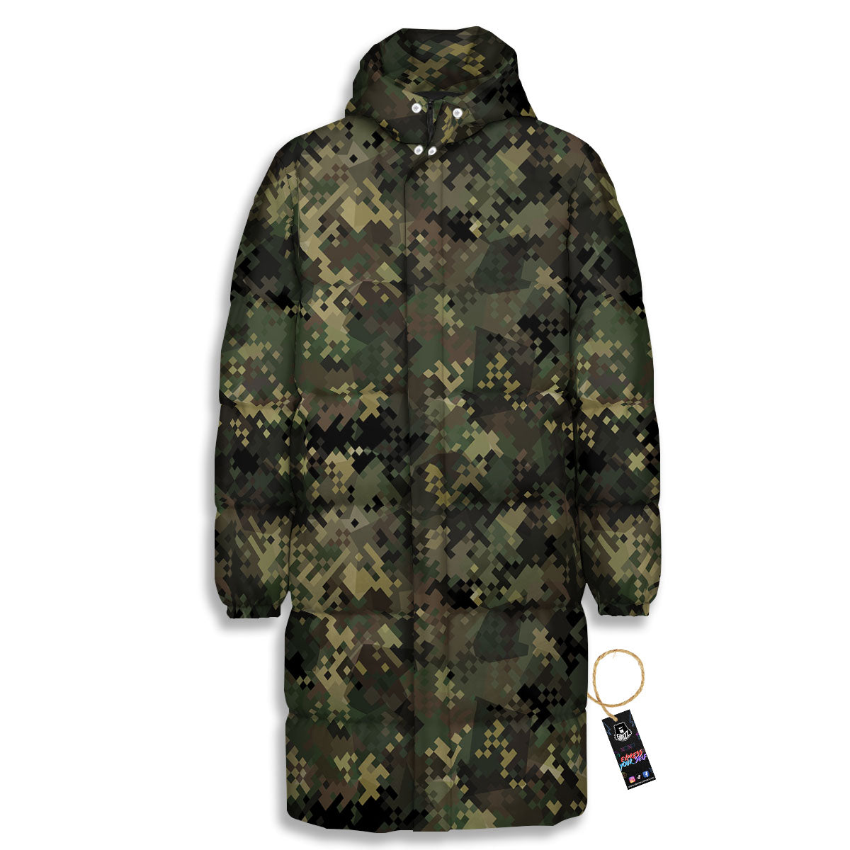 Digital Camo Forest Green Print Pattern Long Down Jacket-grizzshop